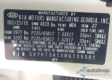2011 Kia Sorento Lx from USA, damaged, VIN 5XYKT3A1XBG139381
